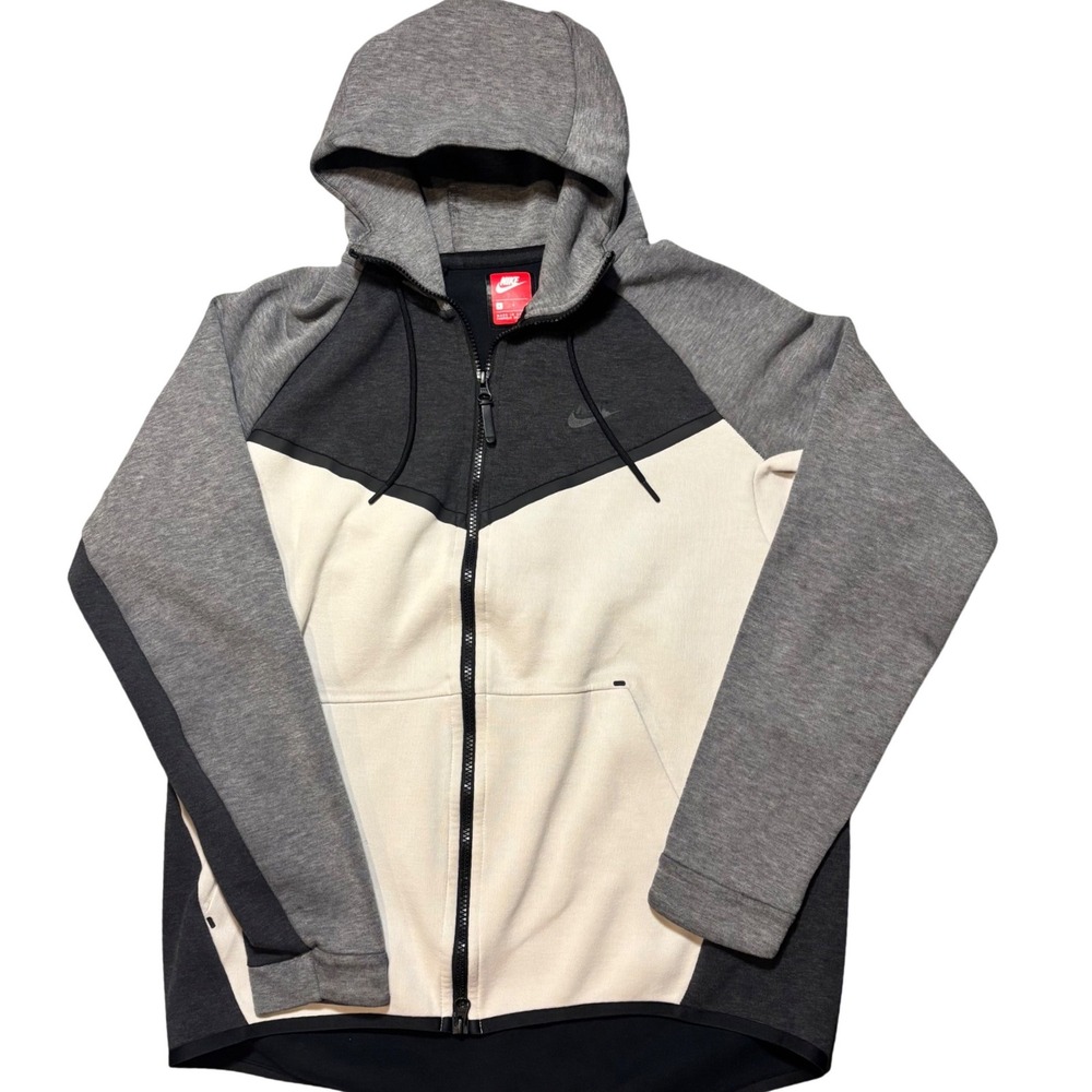 Nike Tech Fleece Hoodie Mens Large Grey Cream Colorblock Full Zip Jacket
